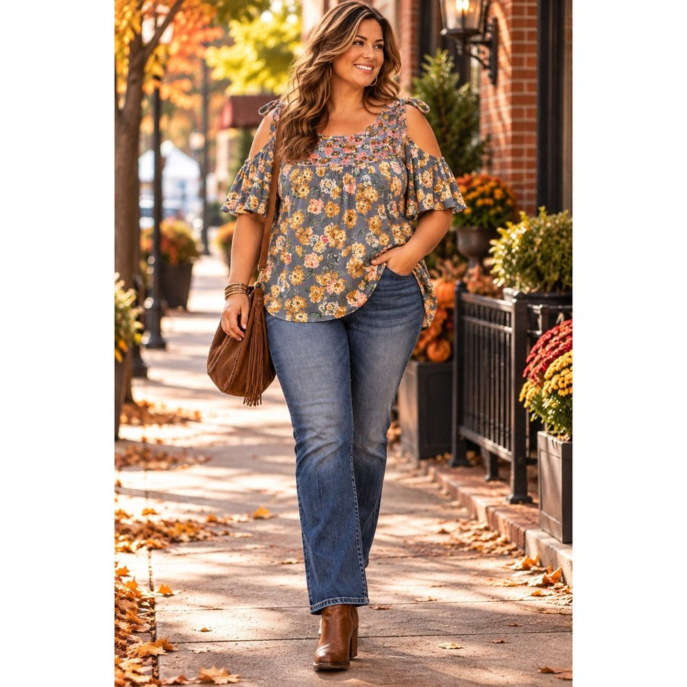 Lucky Brand Top 2X Plus Size Floral Cold Shoulder Tie Sleeve Boho Blue Blouse